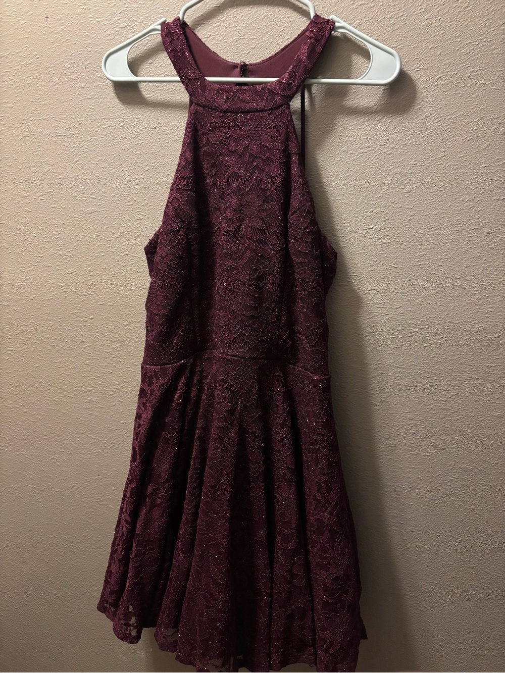 B. Smart Burgundy Lace Halter Fit & Flare Mini Dress